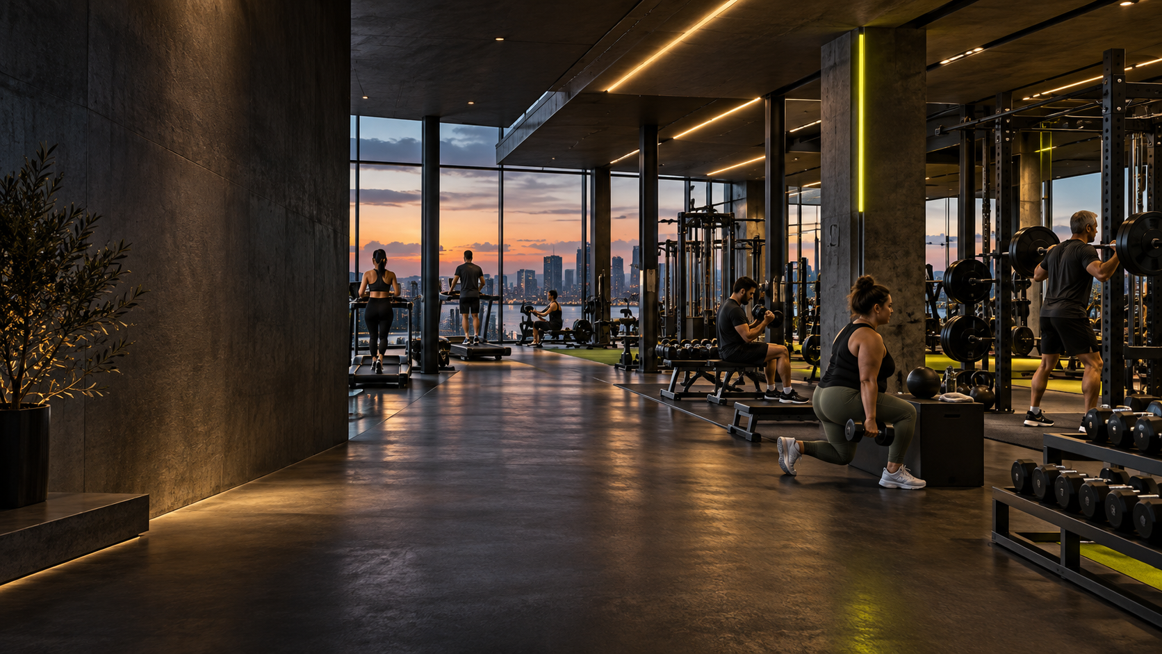 Modern antrenman alanı ve spor yapan üyeler
